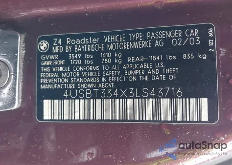 2003 BMW Z4 2.5I z USA, uszkodzony, nr VIN 4USBT334X3LS43716
